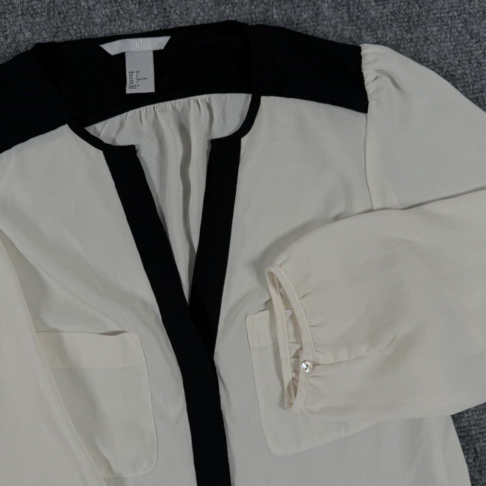 H&M Blouse Womens 2 Sheer Tunic Top Long Sleeve Pockets Contrast Trim